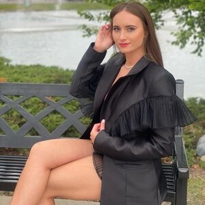 ASOS Black Satin Blazer and shorts set with Ruffle Detail